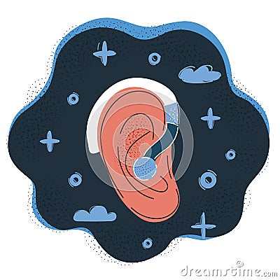 Illustration of Behind-the-ear hearing aid Ear wearing deaf-aid. Deaf problem or hearing loss. Vector Illustration