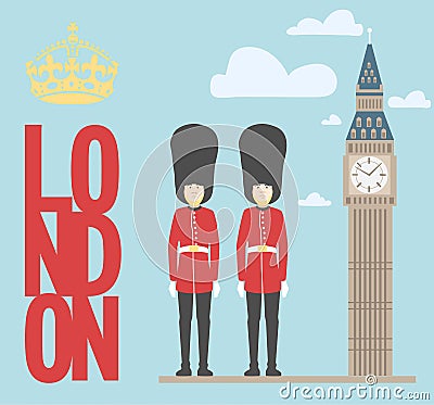 Illustration of Big Ben Tower and guardians on background Vector Illustration