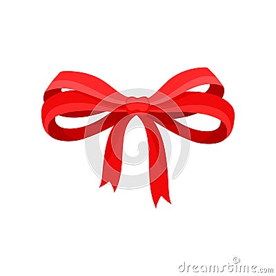 Big bow made of red satin ribbon. Bright decor for gift box. Flat vector element for greeting card or advertising flyer Vector Illustration