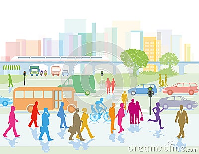 Big city with people on streets Vector Illustration