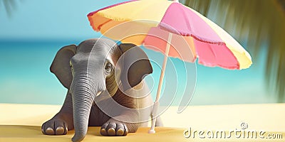 Illustration Of Big Elephant Relaxing Under The Sun Umbrella On A Sunny Beach Stock Photo