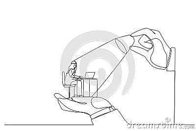 Illustration of big hands holding arab man and lighting on the top, metaphor for control, support and coordination. One continuous Vector Illustration