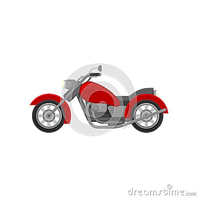 Big old-school motorcycle, side view. Red vintage motorbike. Flat vector element for advertising poster or banner Vector Illustration