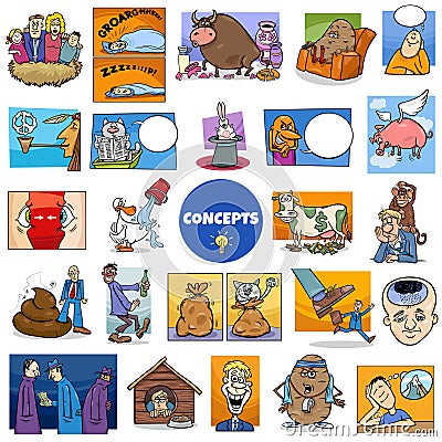 cartoon concepts or metaphors with comic characters big set Vector Illustration