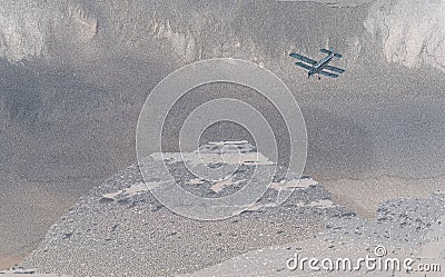 Illustration of biplane flying in stormy weather Stock Photo