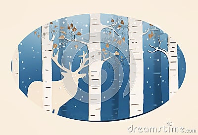 Illustration birch forest with the silhouette of a white stag with blue mist in background Stock Photo