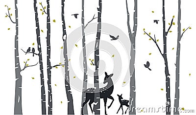 Birch Tree with deer and birds Silhouette Background Vector Illustration