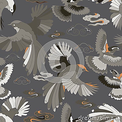 Illustration of birds, blue ivy, falcons in flight Stock Photo