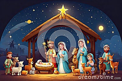 An illustration of the birth of Jesus Christ. Cartoon Illustration