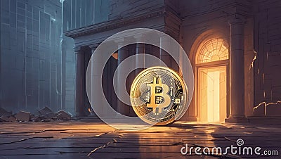 Illustration of Bitcoin currency with central bank in the background. Economy of 2 worlds Stock Photo