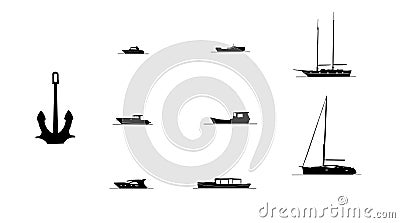 Illustration of black ships and anchor on a white background Cartoon Illustration