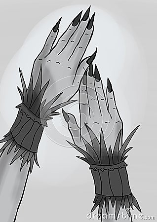 Illustration of a black and white hand with claws Cartoon Illustration