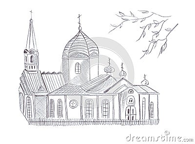 Illustration black and white sketch drawing pencil a wooden church hatching Stock Photo