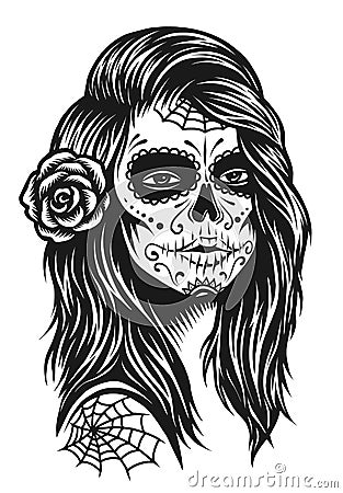 Illustration of black and white skull girl with rose in hairs Vector Illustration