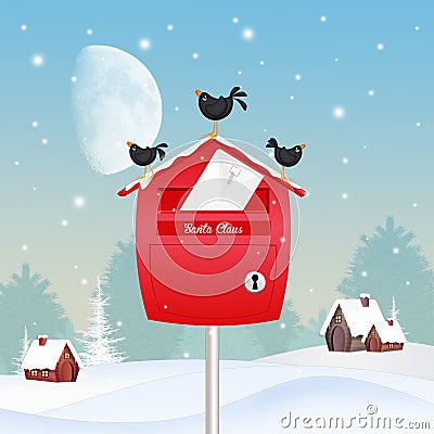 Blackbirds on the mailbox in winter landscape Stock Photo