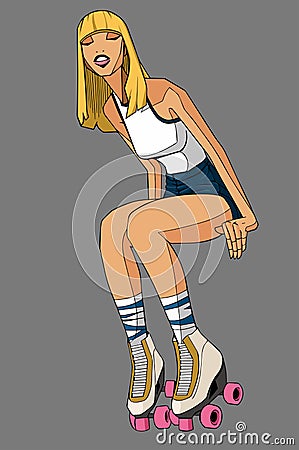 Illustration of blond haired girl sitting with roller skates Stock Photo