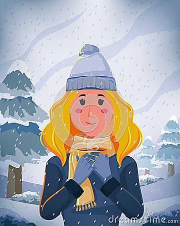 Illustration blonde woman use jacket scarf holding coffee cup at winter season nature landscape scene Vector Illustration