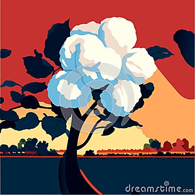 Illustration of a blossoming cotton tree on the background of the river Generative AI Vector Illustration