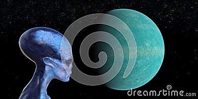 Illustration of a blue alien with an elongated skull in space with a planet and stars in the background Cartoon Illustration