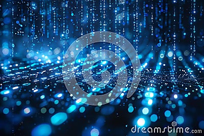 Blue binary code falling on a dark background, high quality, high resolution Cartoon Illustration