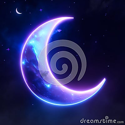 Illustration of a blue crescent moon and stars on a dark background AI Generated Stock Photo