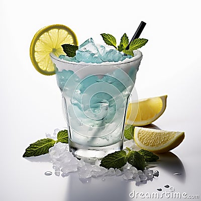 Illustration of blue drink with ice and lemons isolated on white background and reflection, AI Generated Stock Photo