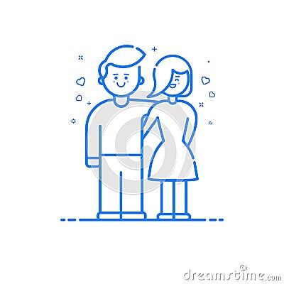 illustration of blue icon in flat line style. Linear blue cute and happy boy and girl. Cartoon Illustration