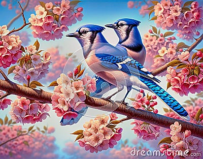 Illustration of blue jays on flwering tree branch Stock Photo