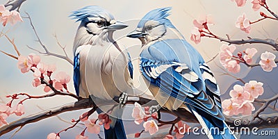 Illustration of blue jays perched in a tree Stock Photo