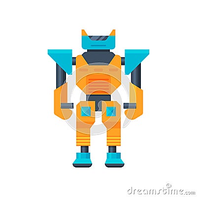 Blue-orange transformer. Strong metal robot. Metal warrior. Flat vector for poster of toy store or mobile game Vector Illustration