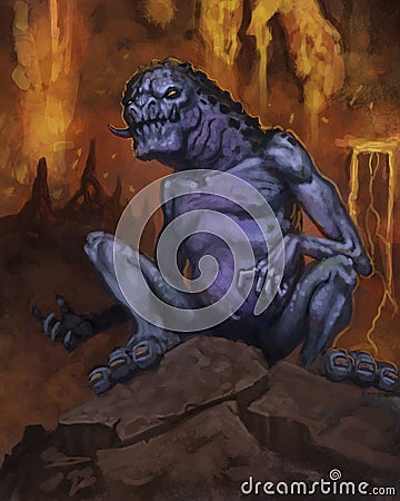 Blue and purple demon creature in an underground cave with lava flows - digital fantasy painting Stock Photo