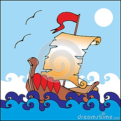 Illustration of boat with unrolled scroll as a sail. Vector Illustration