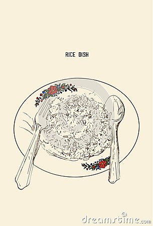 Illustration of boiled white rice in dish . Vector Illustration
