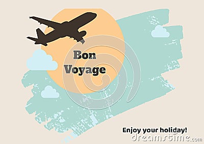 Illustration of bon voyage and enjoy your holiday text with airplane, sun and clouds, copy space Stock Photo