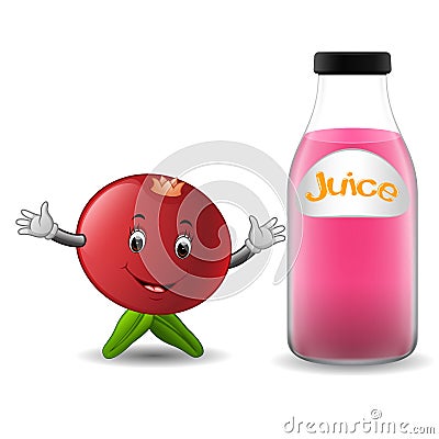 Bottle of pomegranate juice with cute pomegranate cartoon Vector Illustration