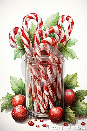 Illustration of bouquet of Christmas red striped caramel sticks in vase on white background. Stock Photo