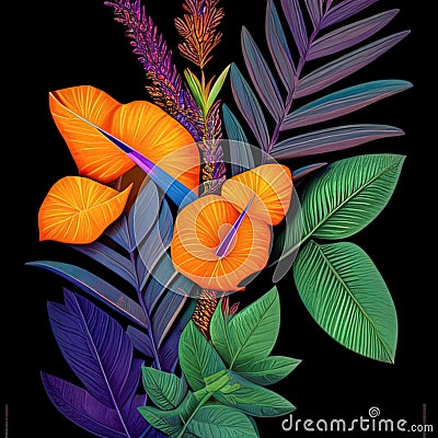illustration of a bouquet of exotic purple, blue and orange leaves on a black background Cartoon Illustration