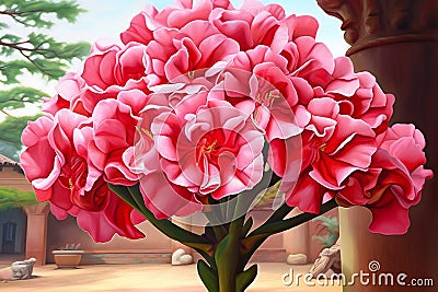 Bouquet of pink geraniums in the garden Cartoon Illustration