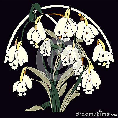 Illustration of a bouquet of snowdrops on a black background Generative AI Vector Illustration