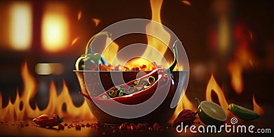 Illustration of Bowl of Chili with Chili Peppers, Flames and Fire Cartoon Illustration