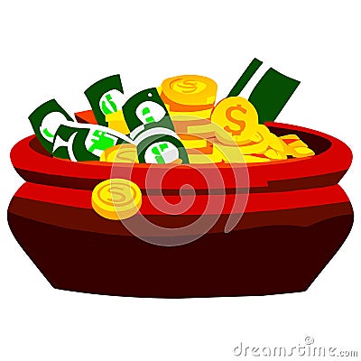 Illustration of a bowl full of gold coins and dollar bills. AI Generated Vector Illustration