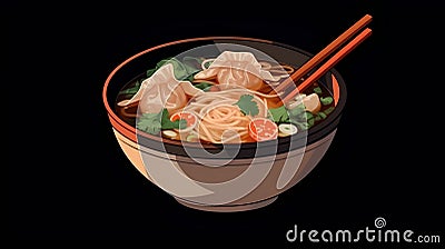 Illustration of a bowl of noodle soup with chopsticks on black background Stock Photo