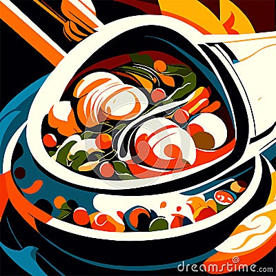 Illustration of a bowl of noodle soup with a fork and knife AI Generated Vector Illustration