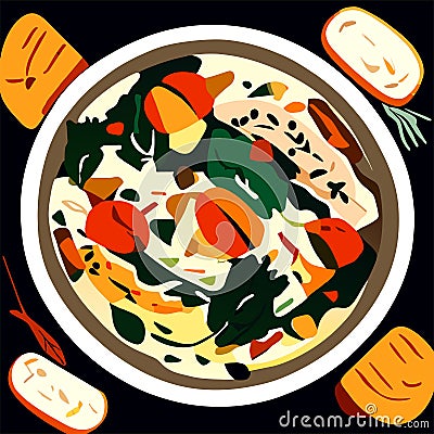 Illustration of a bowl of noodles and vegetables on a black background generative AI Vector Illustration