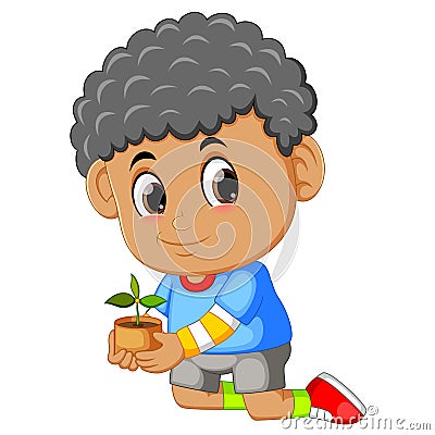 A boy carrying seeding for planting in soil Vector Illustration