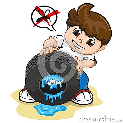 Illustration boy drawing still water from the tire, fighting mosquito that transmits dengue or zika virus Vector Illustration