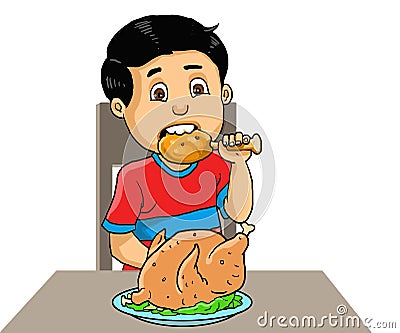 Illustration boy eat fried chicken Cartoon Illustration