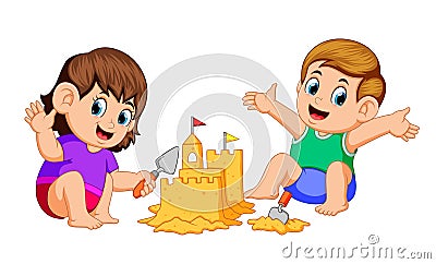 Boy and girl making a big sandcastle at beach Vector Illustration