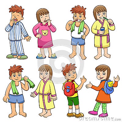 Illustration of boy and girl daily morning life. Vector Illustration