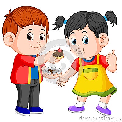 A boy giving his girlfriend a piece of cake on a plate Vector Illustration